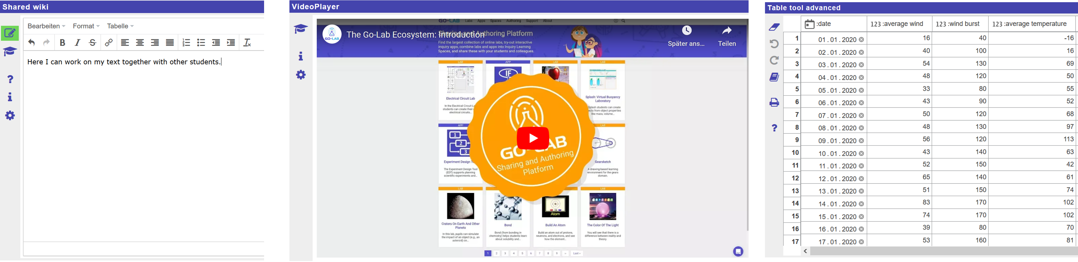 Collaborative Text Editor, Video Player, Table Tool